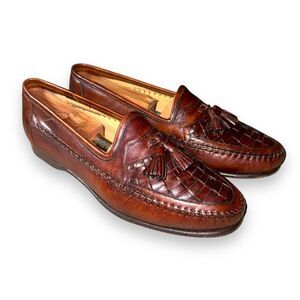 Santoni Saddle Brown Handmade in Italy Woven Loafers Size 8